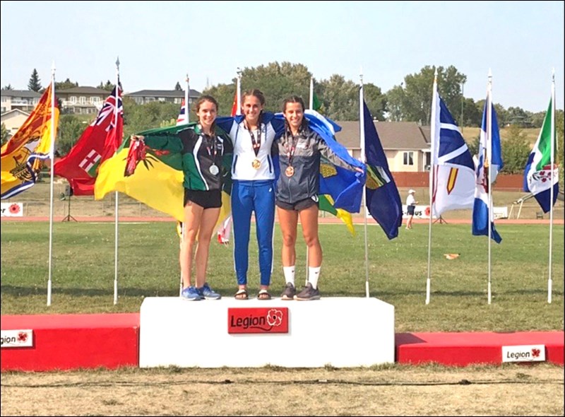 Jenna McFadyen on the podium after earning medals at the National Legion Track and Field Championships in Brandon, Man. Aug. 10 to 12. Photos submitted
