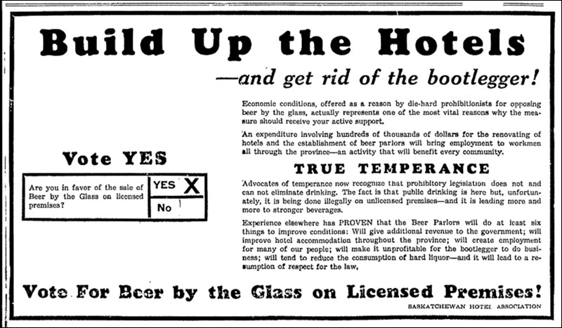 Saskatchewan Hotel Association’s ad prior to the provincial plebiscite vote, Regina Leader-Post, June 16, 1934.