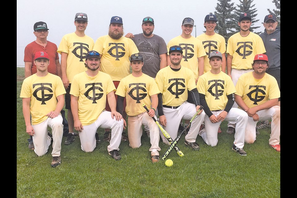 Two Humboldt men’s teams took to the diamonds on Aug. 18-19 to compete at the Slo-Pitch National event in Saskatoon including the team, These Guys. Pictured (L to R) Back: Coach Laverne Martinka, Nicholas Sarauer, Carson Ramler, Arin Crone, Tyler Behiel, Dalyn Smith, Craig Martinka, and Coach Brian Ramler. Front: Jayden Engele, Cole Ramler, Dawson Atamanchuk, Mitchell Ramler, Troy Martinka, and Reid Smith. photo courtesy of Karen Ramler
