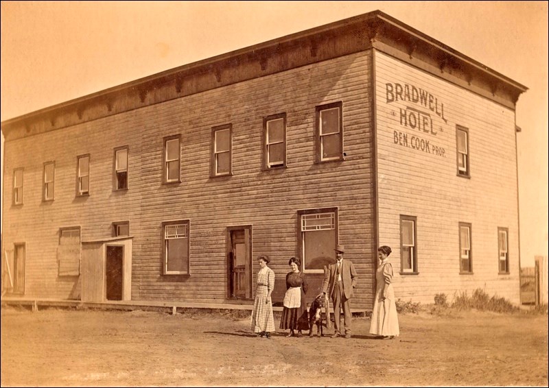 The Bradwell Hotel, circa 1910.  Ben and Sarah Cook are on the right. Photo courtesy Western Development Museum