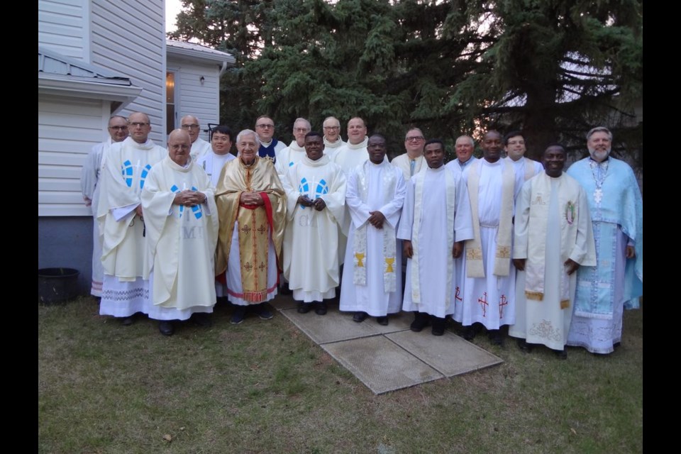 Seventeen priests from the Dioceses of Regina, Saskatoon and Prince Albert assembled before the celebration of the Holy Mass on August 14 at the Shrine of Our Lady of Lourdes in Rama.