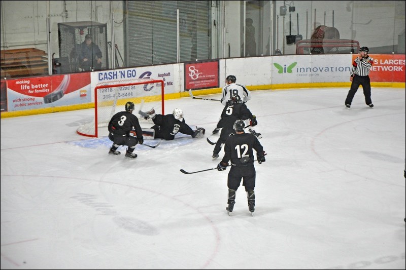 Adam Dmyterko makes a big save on Bonnyville in the first period of Sunday’s preseason game at the Civic Centre, the first North Stars home game of the preseason. The North Stars are now 0-3 to start the preseason and will be home to La Ronge on Friday and Saturday. Photos by John Cairns