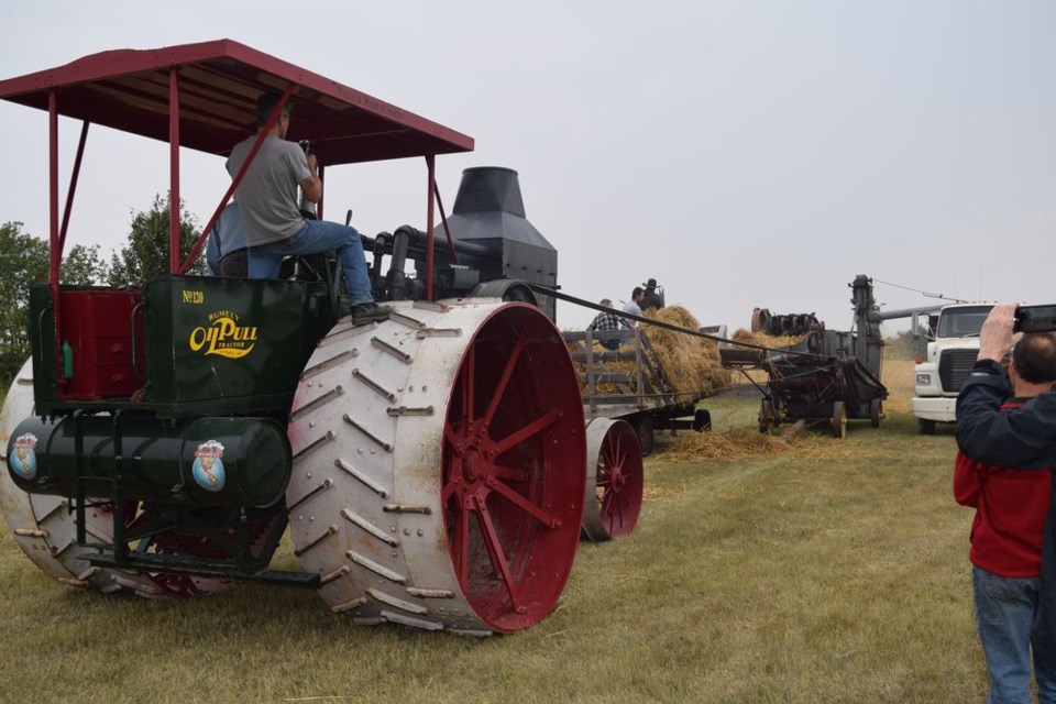 A rare, recently restored 1910 Rumely 30-60 oil pull tractor owned by Wally and Mary Huebert of Canora provided the power for the threshing demonstration at the Rama PALS Draft Horse Field Days on August 26.