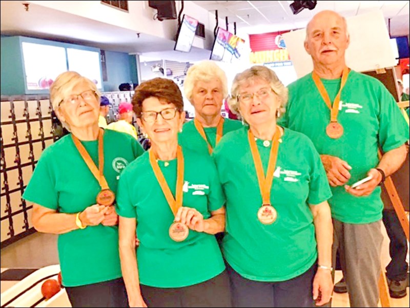 Bowlers winning bronze metals in the 75 plus category of the Canada 55 Summer Games were Liz Rollheiser, Marshall; Mary Ramsay, Cut Knife; Margaret Knight, Invermay, B.C.; Caroline Mandziak, Lipton; and David Mandziak, Lipton. Photos submitted