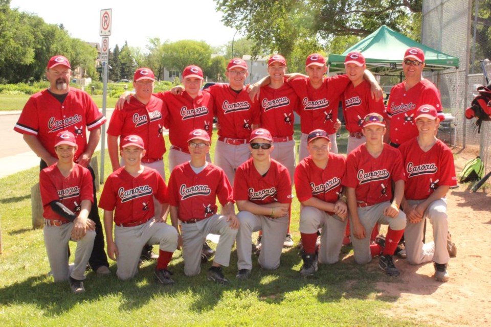 The Canora Bantam Reds baseball team played in the Tier 5 provincial baseball tournament on July 20 to 22. Team members, from left, were: (back row) Dallas Harrison (coach), Shae Peterson (Sturgis), Austin Miller (Langenburg), Brody Harrison (Canora), Brendon Landstad (Canora), Jacob Danyluk (Canora), Grady Wolkowski (Canora) and Terry Wilson (coach); and (front) Brendon Babichuk (Invermay), Kolby Lauer (Langenburg), Jake Statchuk (Canora), Tyler Palchewich (Canora), Mathew Dmitruik (Canora), Brett Smith (Sturgis) and Carson Ostafie (Canora.)