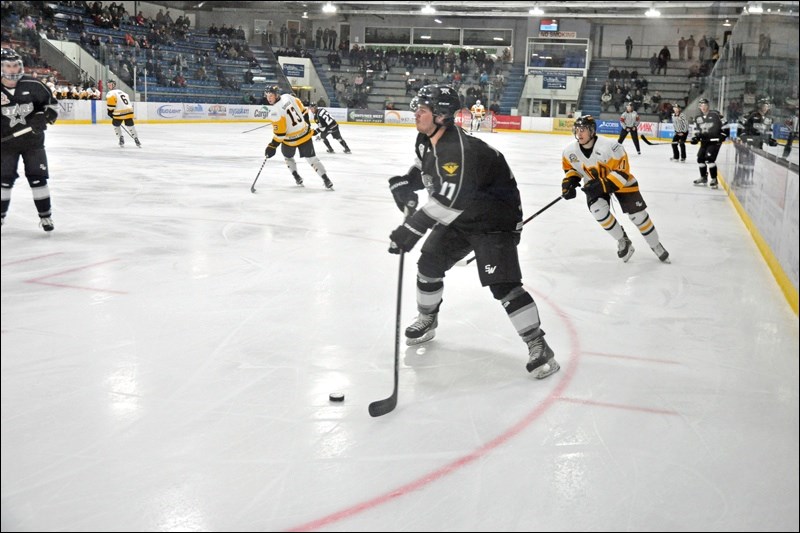 Action from Wednesday’s clash between the Battlefords North Stars and Nipawin Hawks at the Civic Centre. Photos by John Cairns
