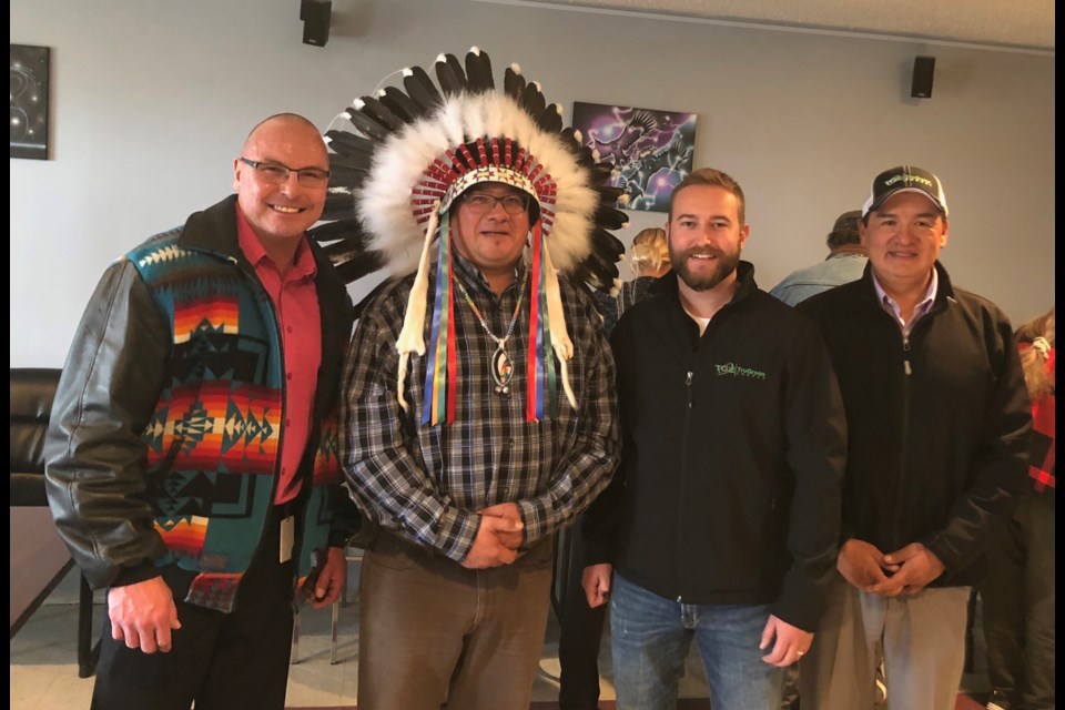Left to right is: Wavell Starr, SaskPower - Indigenous Liaison; Chief Ira McArthur, Pheasant Rump Nakota First Nation; Miguel Catellier, President and CEO for TruGreen Energy; and Bobby Cameron, Federation of Sovereign Indigenous Nations Chief candidate. Photo by Patrick Beaudoin of TruGreen Energy