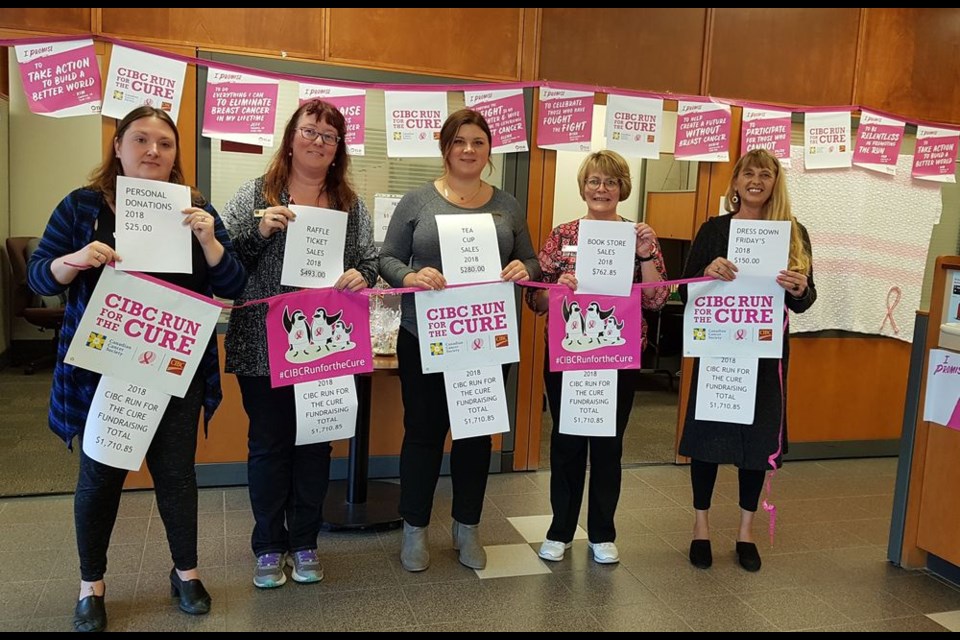 The CIBC 2018 Run for the Cure raised over $1,700 to fight breast cancer. CIBC employees, from left, are: Melissa Monette, Elly Carlson, Cally Stefankiw (manager), Patty Kolodziejski and Cheri Trotchie.