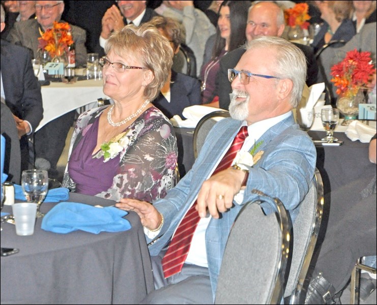 Former Battlefords-Lloydminster MP Gerry Ritz and his wife Judy Ritz listen to the tributes to him at the tribute to him in Lloydminster.