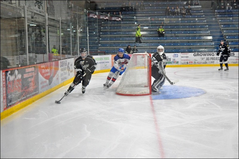 This was some of the action in the North Stars zone in the first period against Melville.