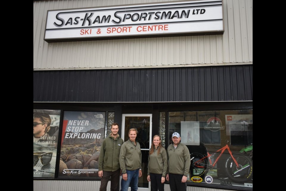 Sas-Kam Sportsman has been at this location on Main Street in Kamsack for forty years, and from left were: Morgan Sas, Wayne Sas (business founder), Shanley Allard and Jeremy Allard.