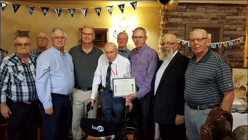 Celebrating a Century
\ — Les Guthrie, a longtime resident of North Battleford, celebrated his 100th birthday Oct. 6 at Harwood Manor with a large group of family and friends in attendance. Guthrie worked for many years with the Saskatoon StarPhonex and was a noted photographer with that paper. He was a longtime member of the Masonic Lodge, Ionic Lodge No. 31, North Battleford. A number of his lodge gathered at his party and Don Finan, lodge secretary, presented him with a 70-year membership certificate. Mark Barclay, master of the lodge, presented him with his 70-year membership pin. Photo submitted