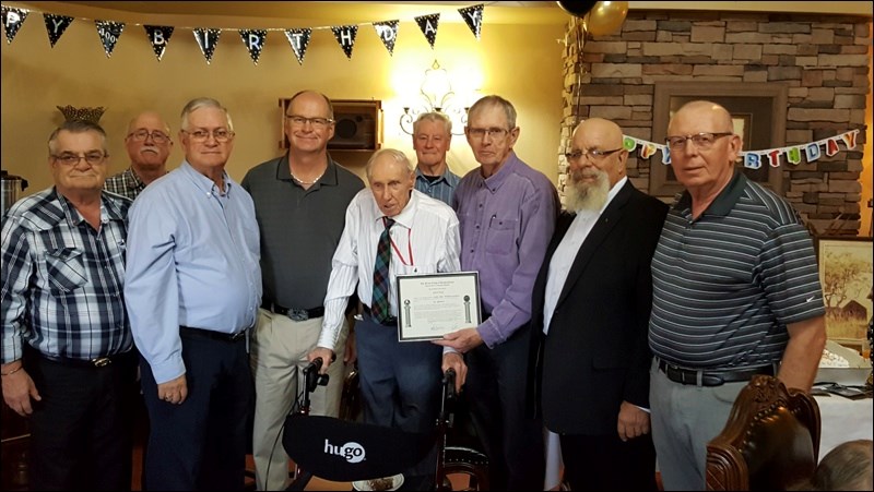 Celebrating a Century
\ — Les Guthrie, a longtime resident of North Battleford, celebrated his 100th birthday Oct. 6 at Harwood Manor with a large group of family and friends in attendance. Guthrie worked for many years with the Saskatoon StarPhonex and was a noted photographer with that paper. He was a longtime member of the Masonic Lodge, Ionic Lodge No. 31, North Battleford. A number of his lodge gathered at his party and Don Finan, lodge secretary, presented him with a 70-year membership certificate. Mark Barclay, master of the lodge, presented him with his 70-year membership pin. Photo submitted