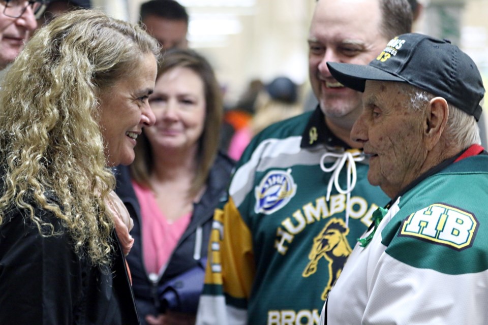 Governor General Julie Payette talks with an audience member at the Oct. 20 Humboldt Broncos game during the first intermission. Payette was in Humboldt to present the city as a whole with a commendation for their response to the Broncos bus crash, as well as a commendation for the first responsers that came to the scene. Photo by Devan C. Tasa