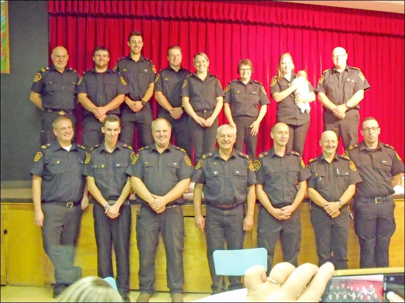 Members of the Borden Fire Department present at steak night are: on stage – Colin Lawes, Ross McBain, Dustin Bezugly, Connor Wainwright, Inga Abrahamson, Mandy Tracksell, Jenna Bradshaw, Ian Wainwright; front row – Jamie Brandrick, BJ Berg, Dan Gunsch, Peter Thiessen, Rob Schmidt, Ian Tracksell and David Dolsen. Luke Walker and Terry Tkazcyk were absent).