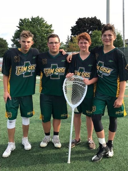Four players from Canora, Sturgis and Buchanan were members of the Saskatchewan U-15 lacrosse team that competed at the field lacrosse nationals in Oshawa, Ont. from August 30 to September 2. From left, they were: Jacob Danyluk of Canora, Shae Peterson of Sturgis, Tomas Hauber of Canora and Toby Olynyk of Buchanan.