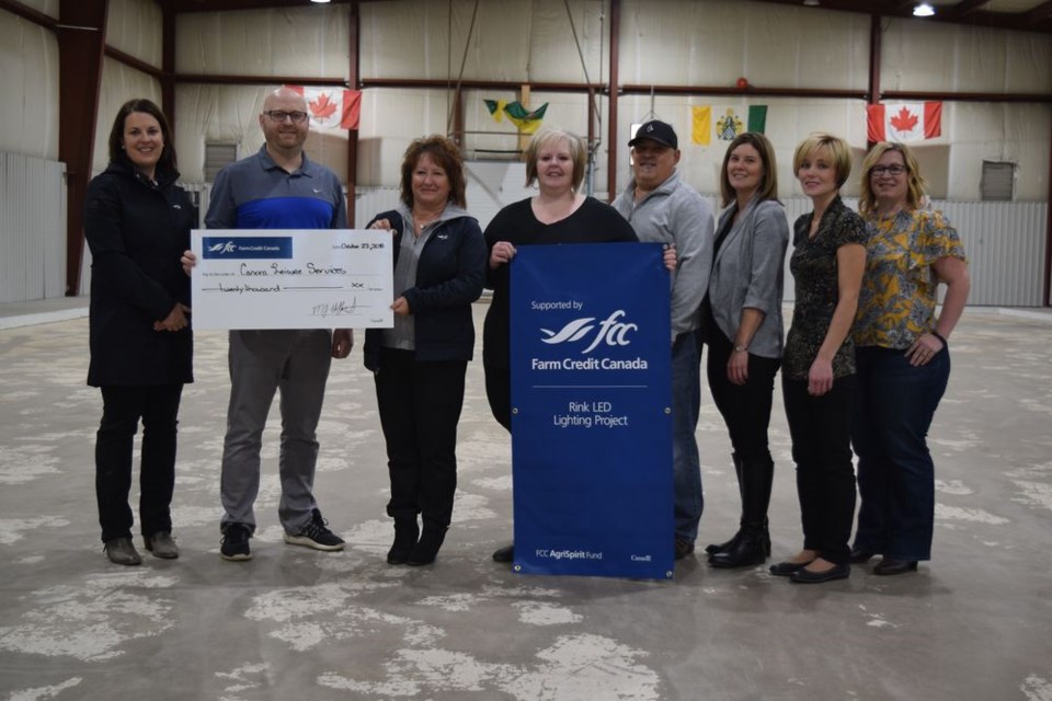 The Canora Leisure Services Board has received a cheque for $20,000 from the Farm Credit Canada (FCC) AgriSpirit Fund for the installation of LED ice lights at the Sylvia Fedoruk Centre. The presentation was made on October 23 where the curling ice will soon be in place for the new season. From left, were: Sherri Tribe (FCC Relationship manager), Aaron Herriges (Leisure Services Board), Brenda Zenkawich (FCC Relationship Management Associate), Arlette Bogucky (Leisure Services Board chair) and board members Brad Gabora, Sharon Ripa, Kristen Kelbaugh-Harder and Tracey Bletsky.