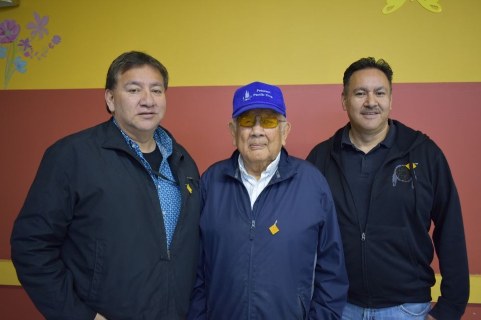 From left, were: Leonard Keshane, of Parkland Victims Services; Leonard Keshane Sr., and Mike Keshane of YTC Justice, all of whom participated in the Moose Hide Campaign which was presented at the Keeseekoose Hall on October 18.