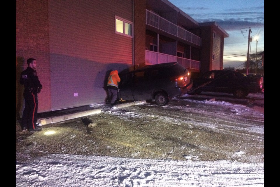 An SUV collided with an apartment on Tuesday in Estevan. Photo by Corey Atkinson
