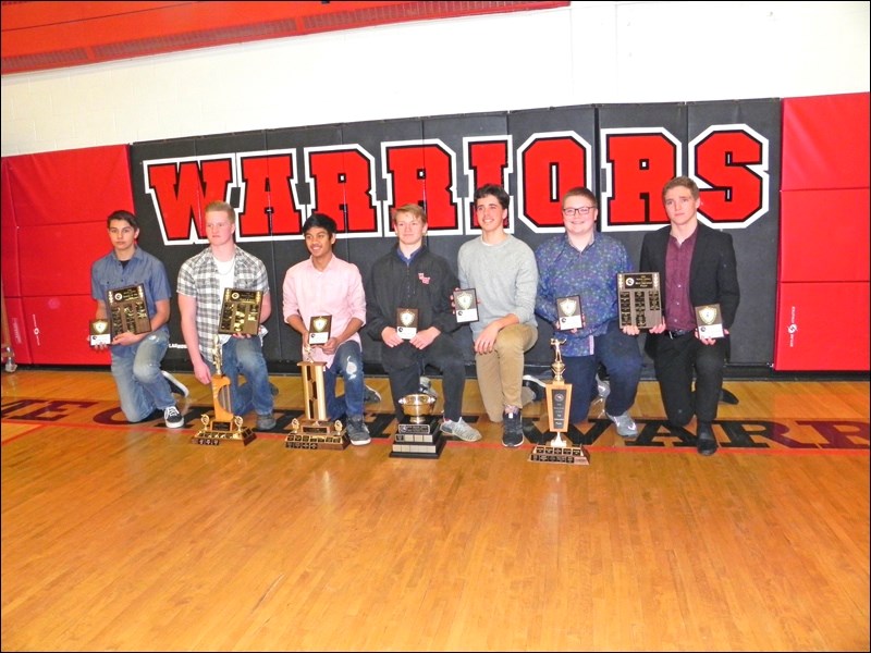 Warriors award winners, left to right, Xander Tiffin, Rookie of the Year, Dawson Wilson, Top Lineman and Heart and Soul award, Jairo Demafelix, Top Defensive Player, Most Valuable Player Rylee McCoy, Top Offensive Player Zenon Orobko, and Connor May and Tristan Lefebvre, tied for Most Improved. Photos submitted by Sherri Solomko