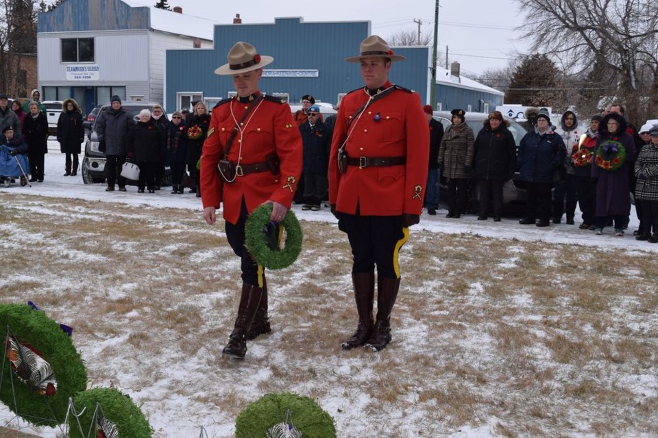 A Remembrance Day Service was held at the Canora Cenotaph on November 11 to pay tribute to those who served Canada. Cpl. Dallyn Holmstrom laid a wreath on behalf of the RCMP, accompanied by Cst. Rob Gatenby.