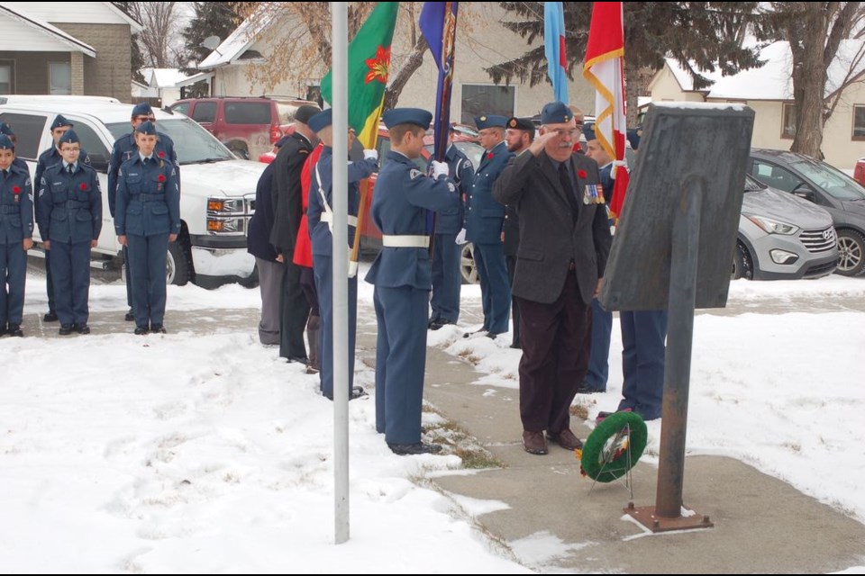 Bill Lesko was responsible for laying the wreath at the outside cenotaph at Preeceville Legion hall during the Preeceville Remembrance Day Service.