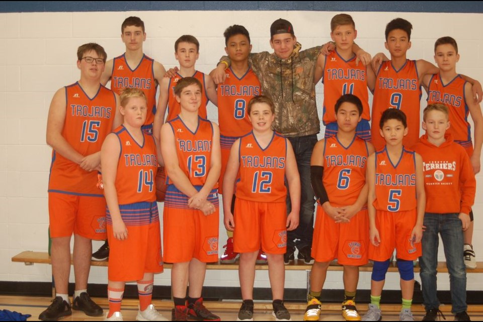 Members of the Sturgis Composite School junior boys basketball team, from left, were: (back row) Tylan Kucharyshen, Cameron Secondiak, Andrew Lacaran, Wyatt Fedorchuk, Daniell Mirva, Keannu Albarracin and Kaiden Masley and, (front) Austin Barch, Mason Babiuk, Jon Alblas, Cole Secondiak, Xage Miraflor, Kimmuel Albaracin and Jake Soltys.