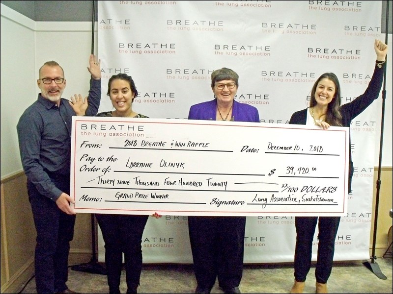 Lorraine Olinyk was the grand prize winner in the Lung Association 2018 Breathe and Win raffle drawn on Dec. 7 in Saskatoon. She said Monday, “I received the cheque today and this is a photo of the staff presenting the cheque. I won $39, 420 in the raffle – a real nice Christmas present.” Photos submitted by Lorraine Olinyk