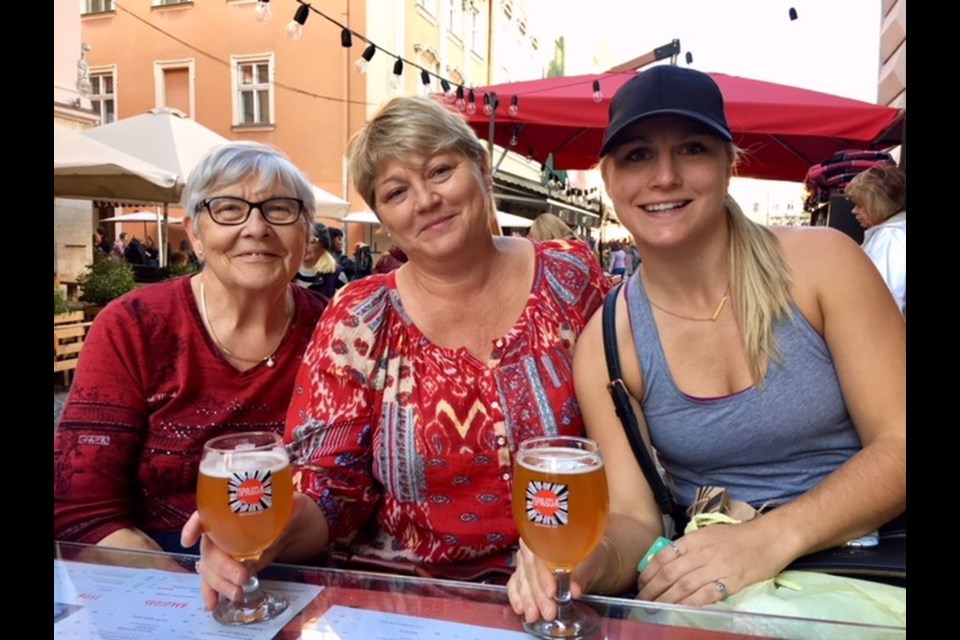 Ollie Maksymiw of Preeceville, accompanied by her daughter Colleen Zubko of Stenen and granddaughter Cara Zubko of Slovakia, took a few minutes to relax from their sightseeing in Ukraine.