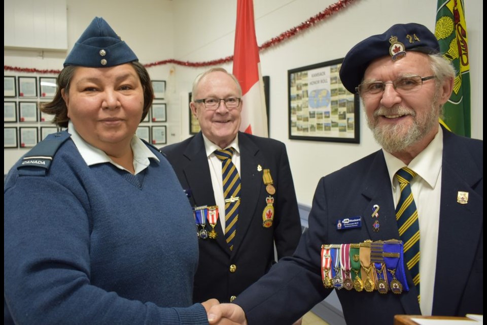On January 8, Karen Tourangeau, left, was installed as vice president of the Kamsack branch of the Royal Canadian Legion during an installation of officers ceremony. Later in the program, Tourangeau had the duty to swear in Jim Woodward, right, as the Legion president.