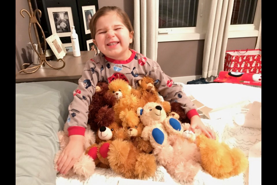 Isabella Billesberger with teddy bears she bought to give it to new babies born in St. Joseph’s Hospital. Photo Submitted