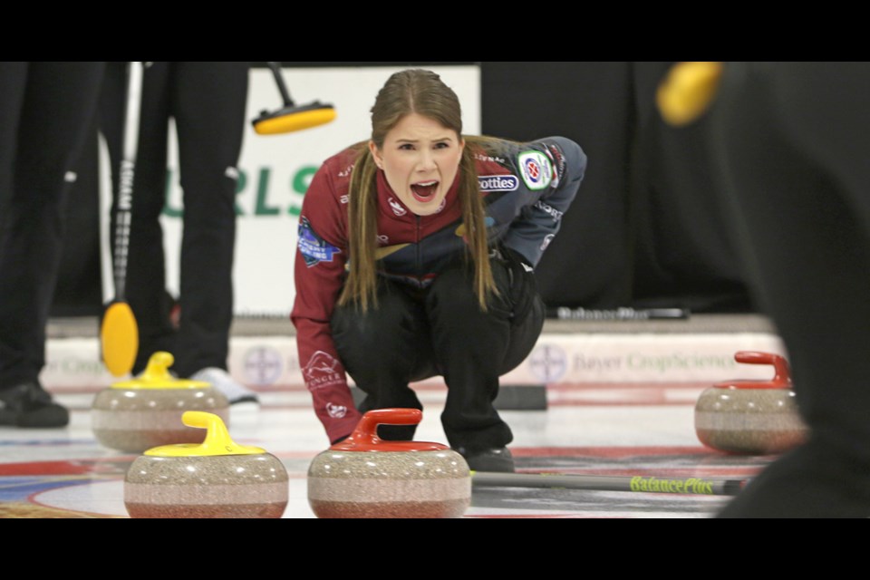 A member of Team Howard yells at the sweepers during the second draw of the 2019 Viterra Scotties Women’s Provincials. Photo by Devan C. Tasa
