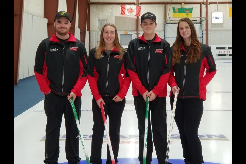 The Canora Composite School (CCS) senior curling team captured first place at the Canora Curling Club High School Bonspiel on January 12. From left, were: Brandon Zuravloff (skip), Ally Sleeva (third), Lane Zuravloff (second) and Grace Medvid (lead.)