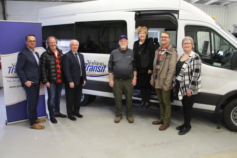 From l-r: John Denysek, SaskAbilities, Mitch Hippsley, city councillor, Bob Maloney, Mayor, Don Cannon, bus driver, Randy Goulden, city councillor, Aaron Kienle, city councillor, Lisa Washington, City of Yorkton.