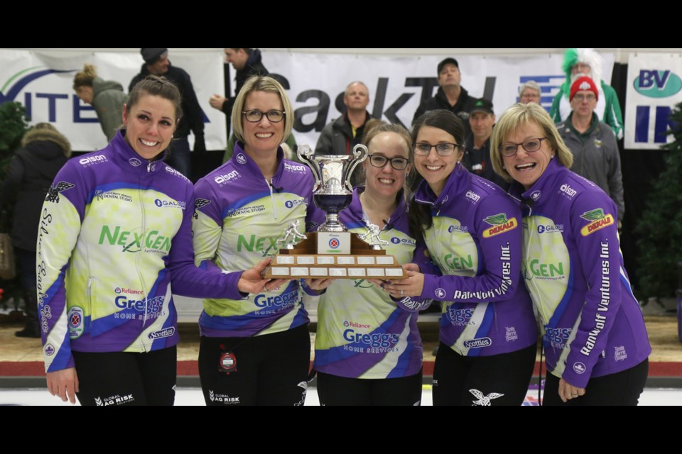 Team Silvernagle won the 2019 Viterra Scotties Women's Provincials Winners. From left are skip Robyn Silvernagle, third Stefanie Lawton, second Jessie Hunkin, lead Kara Thevenot and coach Lesley McEwan. Photo by Devan C. Tasa