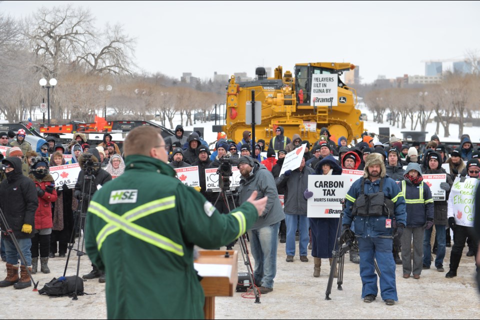 Pipeline News' front page photo for February edition: It was frigid on the steps of the Legislature, but that didn’t stop Premier Scott Moe from giving a fiery speech to the protesters in support the resource sector.