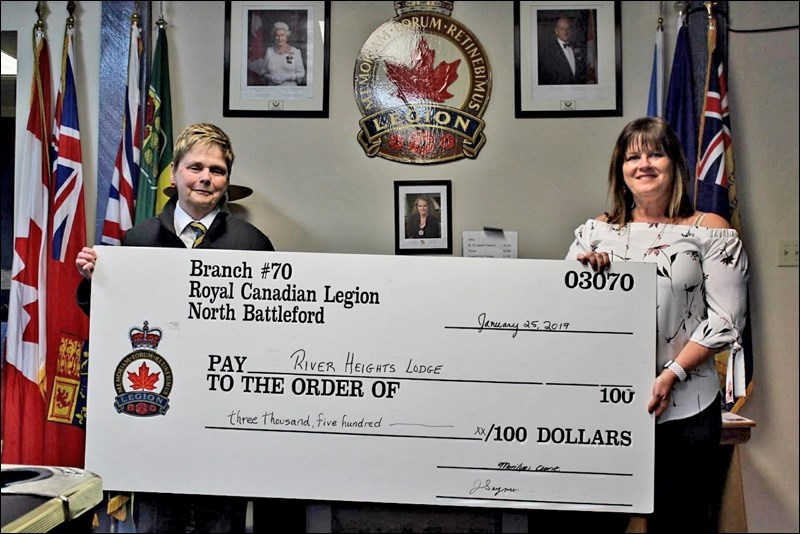 Royal Canadian Legion Branch No. 70 recently donated $3,500 to River Heights Lodge in North Battleford. Left to right are Marilyn Clark, president, RCL No. 70, and Peggy Grift, assistant facility manager, RHL. Photo submitted