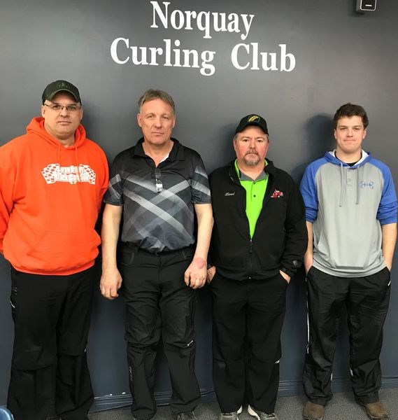 Winning the first event of the Norquay Annual Open Bonspiel was the Lionel Hanson rink of Swan River. Members of the team, from left, were: Mark Maga, skip; Glen Maga, third; Lionel Hanson, second, and Michael Maga, lead.