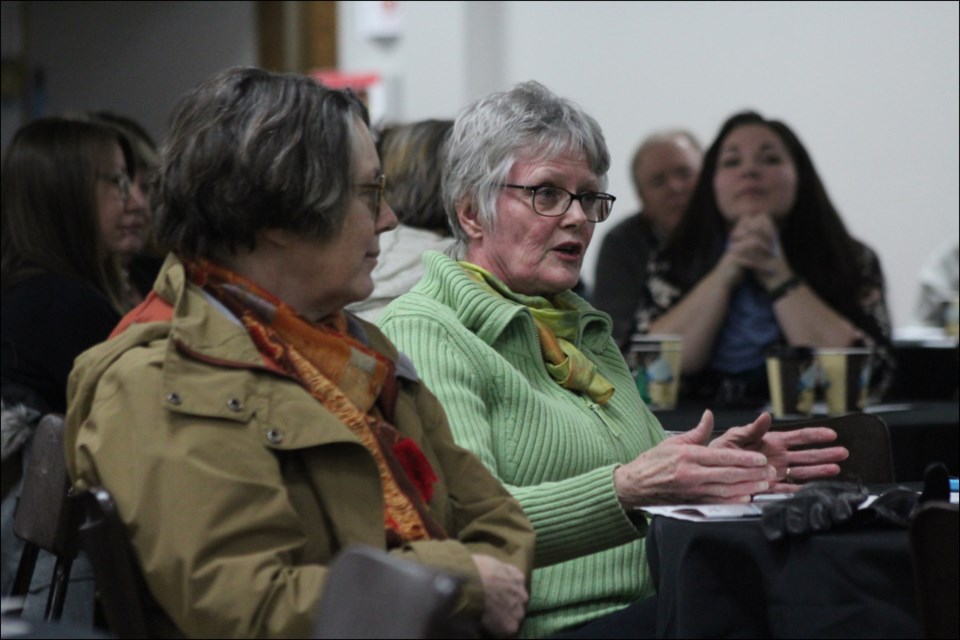 Jan Modler makes a point while Karen Clark (left) looks on during the Jan. 22 regional tourism summit at the Creighton Community Centre. - PHOTO BY ERIC WESTHAVER
