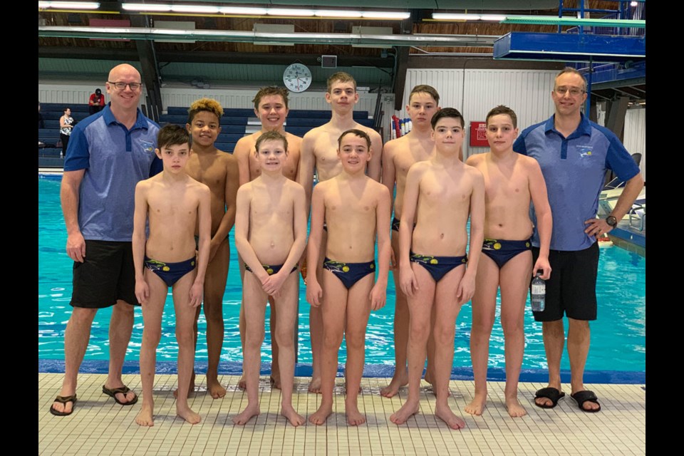 1) Members of the Estevan Sharks 14U boys team who competed on the weekend in Regina were, back row, from left, coach Jason Dalziel, Noah Mvula, Lucas Dzeryk, Ethan Elliott, Tristan Threinen, Nathan Threinen and coach Dave Dzeryk. Front row, from left, Jace Carritt, Dierks Milford, Logan Dalziel and Lyndon Sauder.