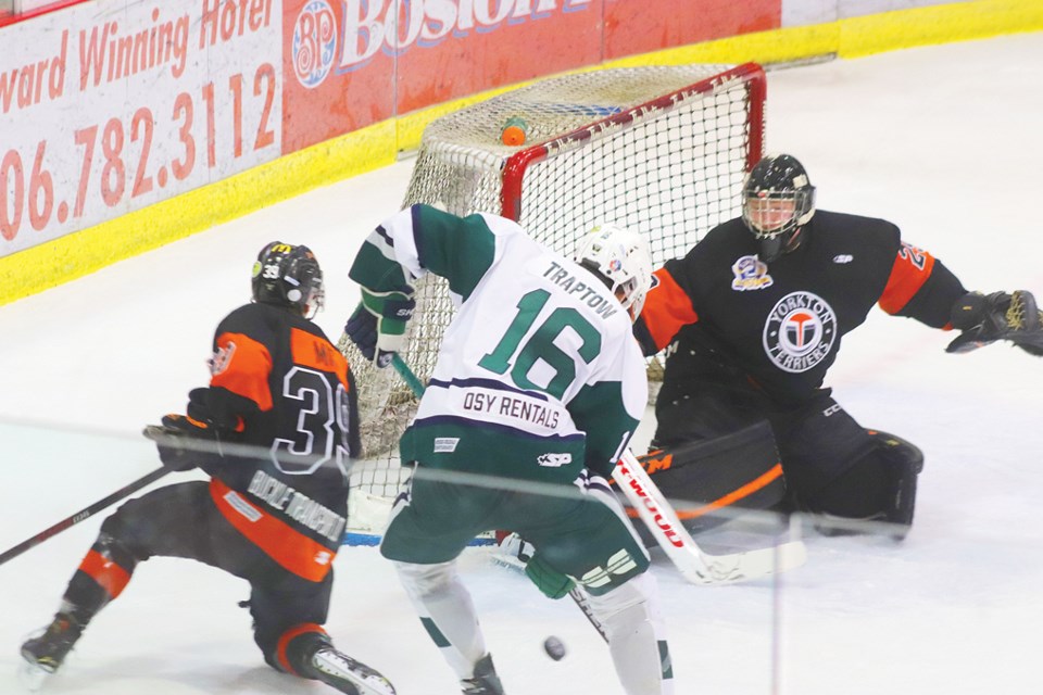 The Yorkton Terriers hosted the Kindersley Klippers in Saskatchewan Junion Hockey League action at the Farrell Agencies Arena Friday. -Staff photo by Cory Carlick