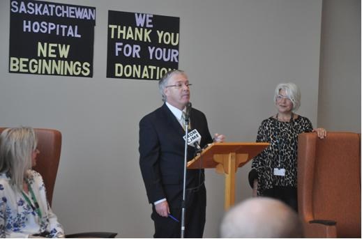 David Dekker announces a $1 million donation toward the Saskatchewan Hospital New Beginnings fundraising campaign from Gordon and Jill Rawlinson.