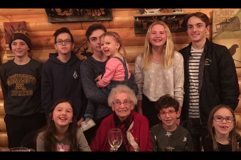 Nellie Matiece of Norquay, seated front (centre), was surrounded by her nine great-grandchildren at her 100th birthday celebration on January 12.