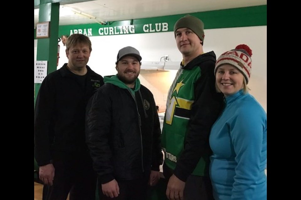 Members of the team that won the first event of the Arran Mixed Open Bonspiel held January 20 to 27, from left, were: Ken Newall of Norquay, skip; Tyson Kinaschuk, third; Jason Lukey, second, and Rubieann Kluke, lead.