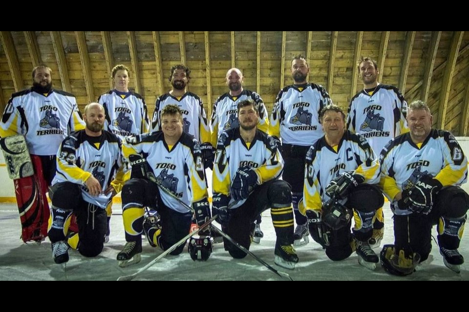 The Togo Terriers men’s recreational hockey team has been playing together for several years, using the Togo Centennial Arena as home base. A fundraiser on their behalf is planned for March 1. From left, were: (back) Dustin Stenhouse, Mark Nahnybida, Jordan Hilderman, William Harper, Chris Leis and Bryce Erhardt, and (front) Jeff Marfleet, Riley Barrowman, Logan Hilderman, "Captain" Ralph Hilderman and Dustin Wilson.