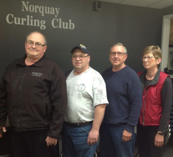 Taking first place in the Norquay Seniors Bonspiel held February 18 to 21 was Ernie Gazdewich and his team, of Canora. From left, were: Gazadewich, skip; Clarence Homenuik, third; Darryl Stevenson, second, and Vickie Stevenson, lead. Second place winners, the Vern Schick rink of Canora, were unavailable for a photograph.