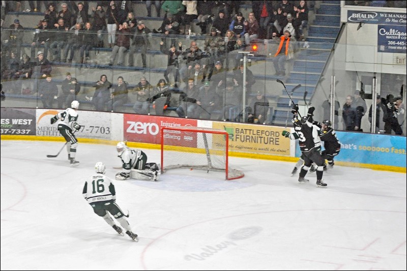 The North Stars react to Braydon Buziak’s overtime-winning goal at the Civic Centre to clinch the Gl