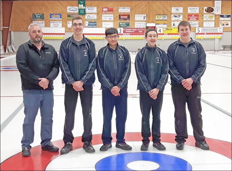 Senior curling at regionals in Meadow Lake – Evan Reid, Cody Somers, Jett Yeung, Dante Bacchetto and Jack Reid. Photos submitted