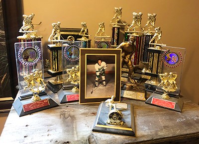 A display of the hardware Kelly earned over the course of his hockey career.