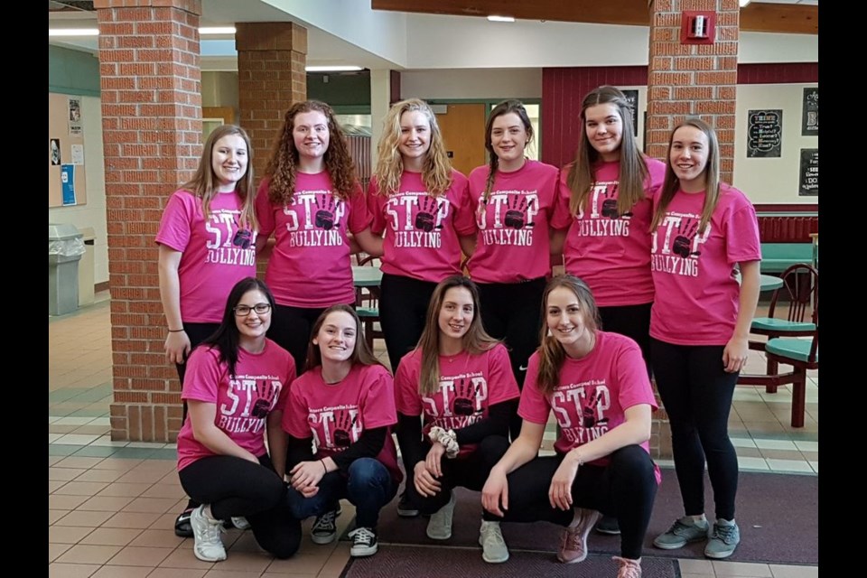 SRC (Students’ Representative Council) members at CCS (Canora Composite School) wore pink T-shirts for Pink Day on February 27 to support the effort to stop bullying. From left, were: (back row) Emma Mykytyshyn, Jordelle Lewchuk, Ashley Stusek, Megan Barteski, Rebekah Thomas and Ally Sleeva; and (front) Felicity Mydonick, Sarah Boulanger, Jill Gulka and Mackenzie Gulka.